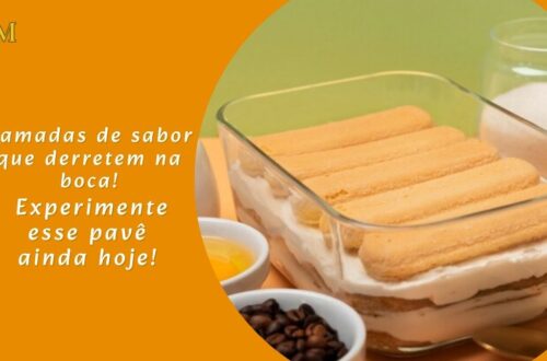 Pavê cremoso montado em travessa de vidro com camadas de biscoito e creme, decorado com raspas de chocolate